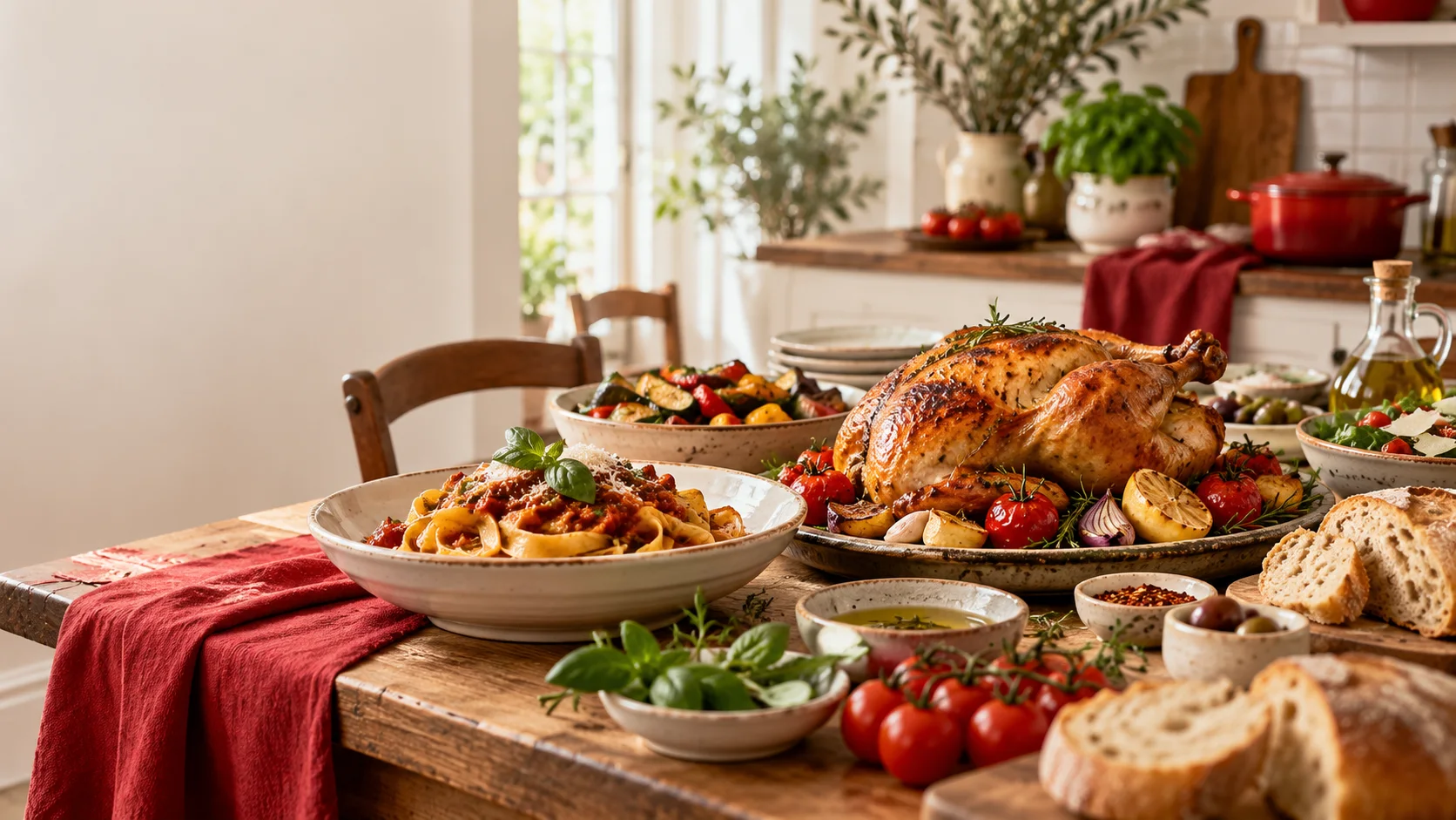 A welcoming table filled with roast chicken, pasta, vegetables, bread, and fresh herbs