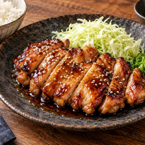 Sliced Japanese chicken teriyaki with glossy sauce, rice, cabbage and scallions