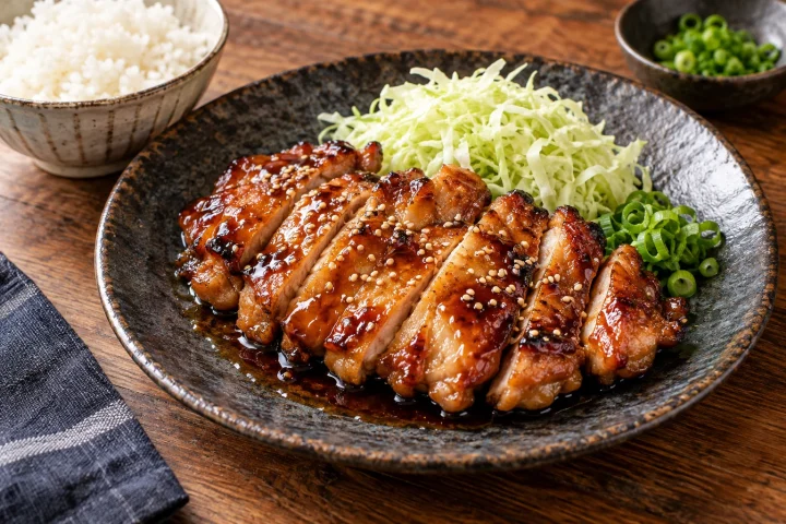 Sliced Japanese chicken teriyaki with glossy sauce, rice, cabbage and scallions