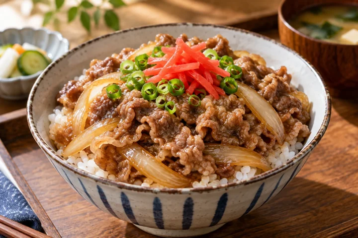 Japanese gyudon with thin beef, onions, scallions and red pickled ginger over rice