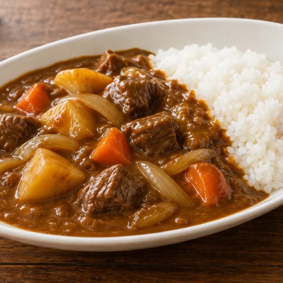 Japanese curry rice with beef, potatoes, carrots and pickles