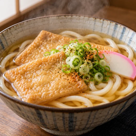 Kitsune udon with thick noodles, seasoned aburaage tofu, scallions and kamaboko