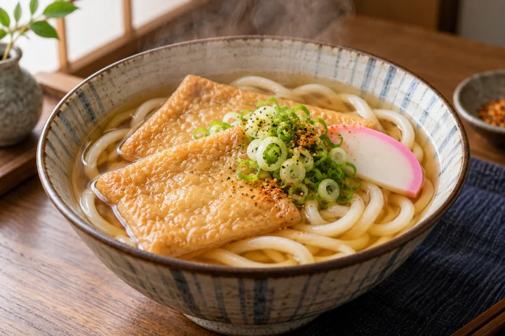 Kitsune udon with thick noodles, seasoned aburaage tofu, scallions and kamaboko