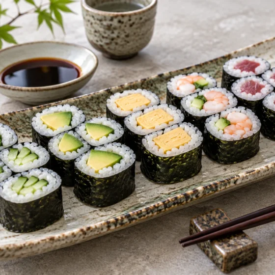 Assorted Japanese maki sushi rolls with cucumber, avocado, egg, shrimp and tuna