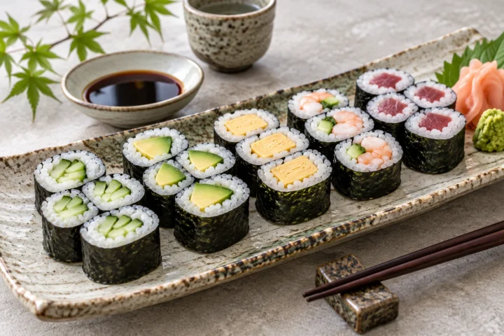 Assorted Japanese maki sushi rolls with cucumber, avocado, egg, shrimp and tuna