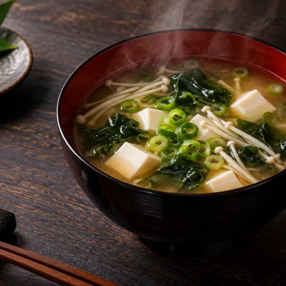 Traditional Japanese miso soup with tofu, wakame, enoki mushrooms and scallions