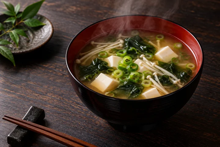 Traditional Japanese miso soup with tofu, wakame, enoki mushrooms and scallions
