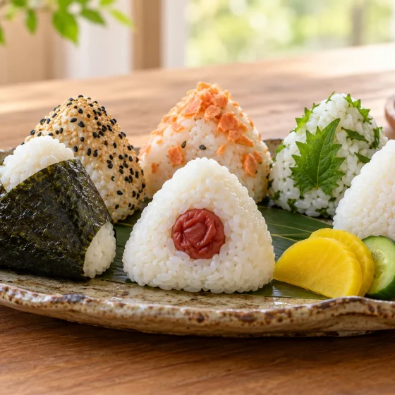 Assorted Japanese onigiri with nori, salmon, umeboshi, sesame and shiso