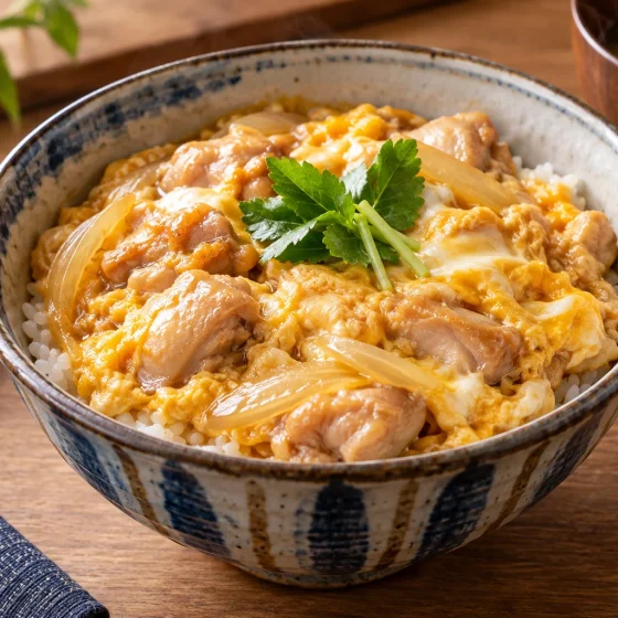 Japanese oyakodon bowl with chicken, softly set egg, onion and steamed rice