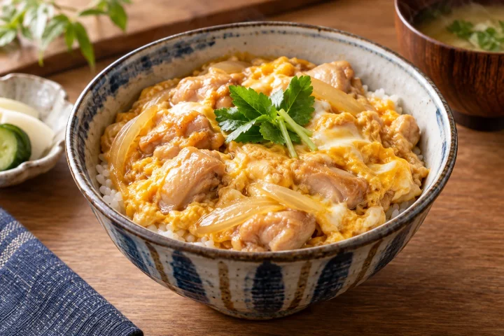 Japanese oyakodon bowl with chicken, softly set egg, onion and steamed rice