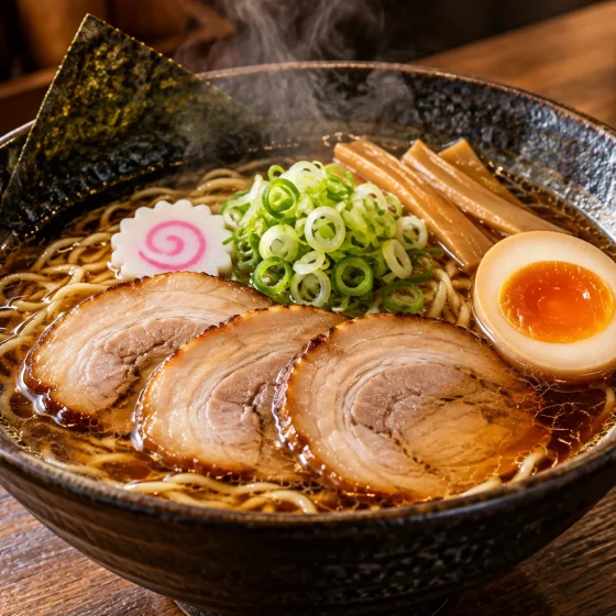 Japanese shoyu ramen with amber soy broth, chashu, egg, menma, nori and scallions