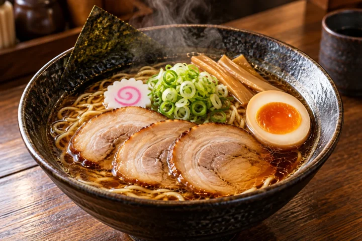 Japanese shoyu ramen with amber soy broth, chashu, egg, menma, nori and scallions