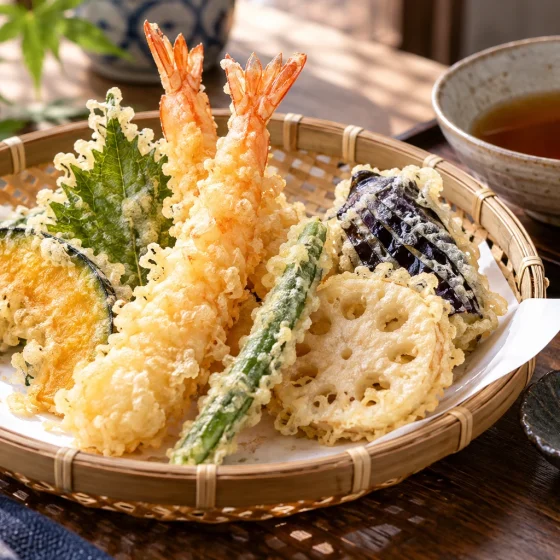 Japanese shrimp and vegetable tempura with tentsuyu dipping sauce and grated daikon