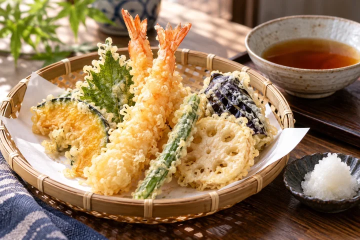 Japanese shrimp and vegetable tempura with tentsuyu dipping sauce and grated daikon