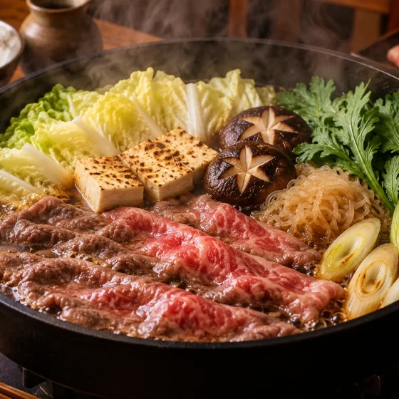 Japanese sukiyaki hot pot with thin beef, tofu, napa cabbage, mushrooms and shirataki