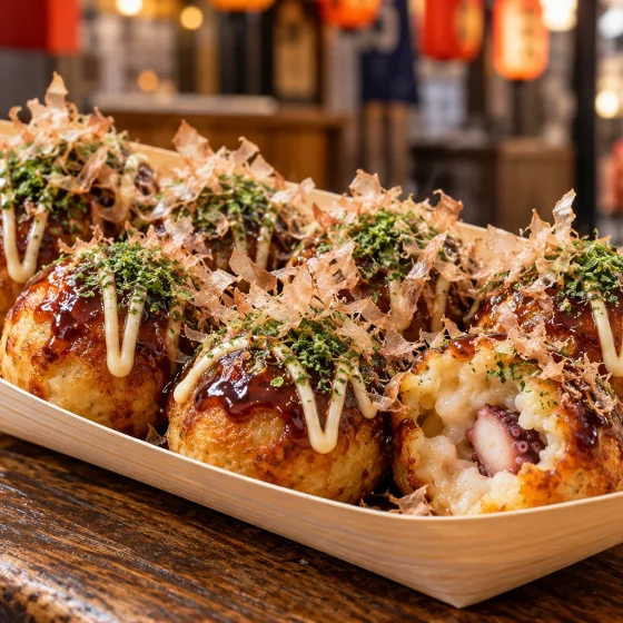 Osaka takoyaki with octopus, takoyaki sauce, Japanese mayonnaise, aonori and bonito flakes