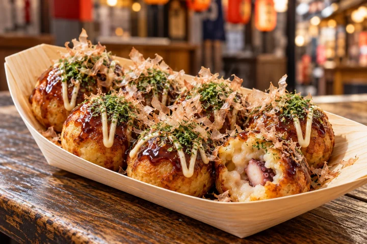 Osaka takoyaki with octopus, takoyaki sauce, Japanese mayonnaise, aonori and bonito flakes