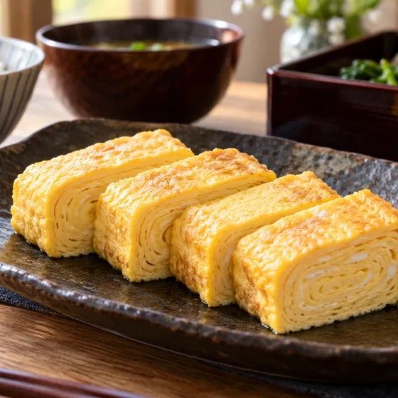 Sliced golden Japanese tamagoyaki with visible tender layers and grated daikon