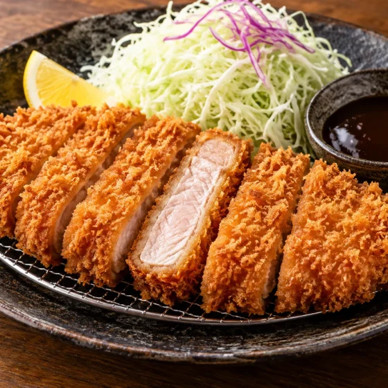 Crispy sliced Japanese tonkatsu with cabbage, lemon and tonkatsu sauce