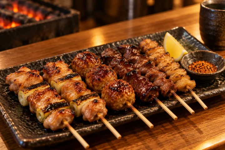 Japanese yakitori chicken and scallion skewers with glossy tare and charcoal marks