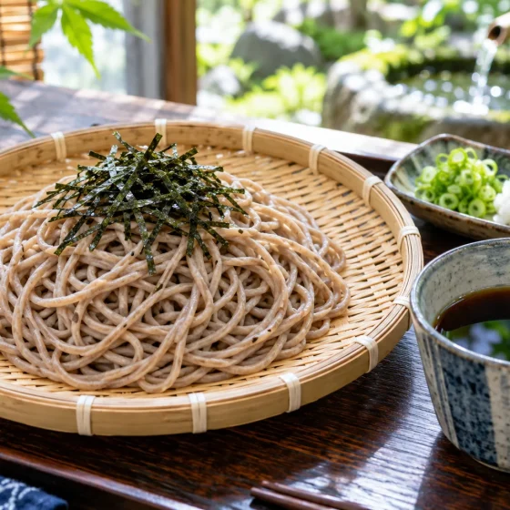 Chilled zaru soba noodles with nori, tsuyu, scallions, daikon and wasabi
