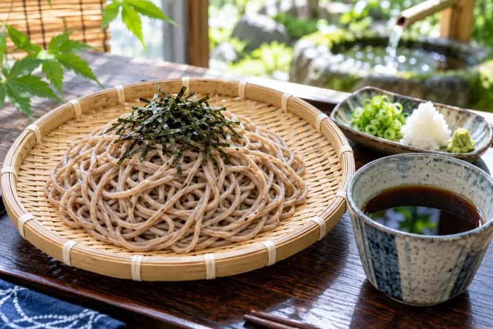 Chilled zaru soba noodles with nori, tsuyu, scallions, daikon and wasabi